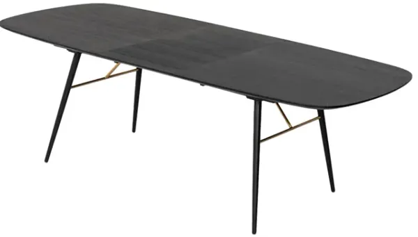 Belo Dining Table, Extendable 71-91 Inch Curved Top, Black Oak, Gold - Benzara