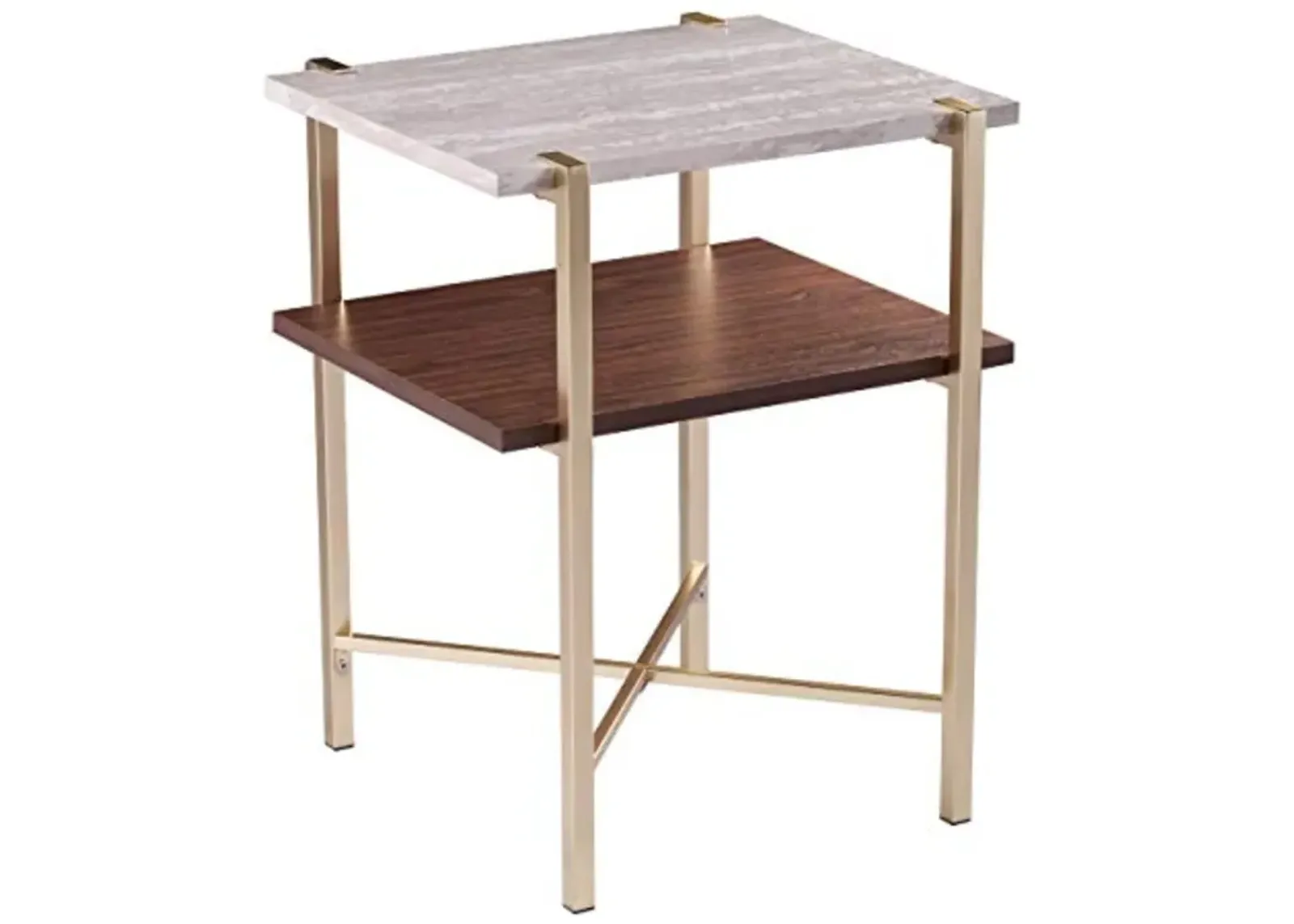 SEI Furniture Ardmillan Two-Tier Faux Marble Top Square End Table, Brass, Dark Tobacco, White