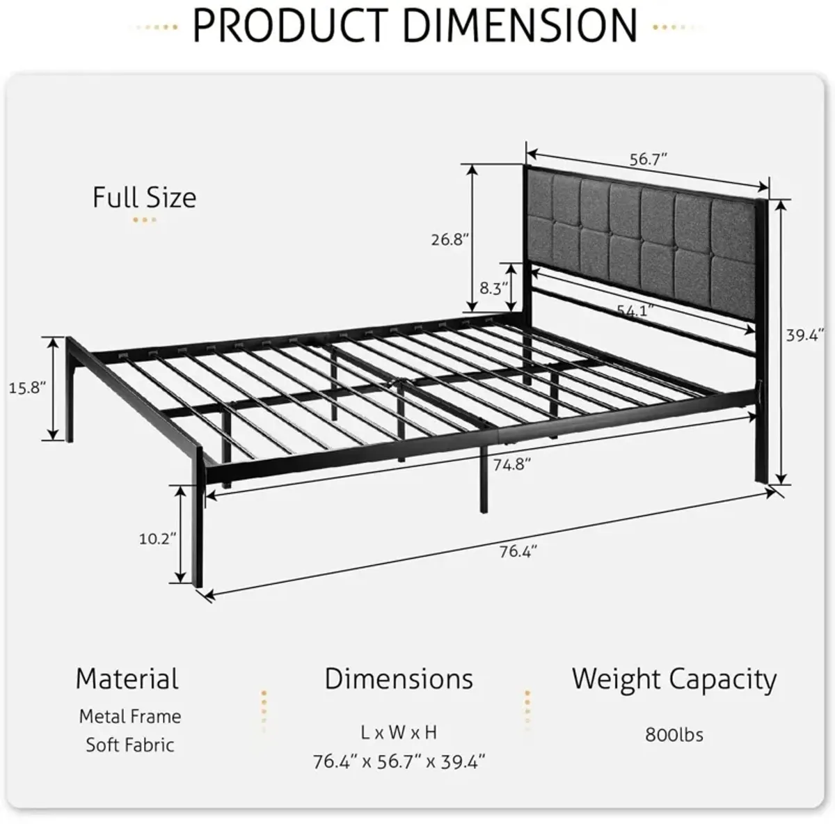 QuikFurn Full Metal Platform Bed Frame with Gray Button Tufted Upholstered Headboard