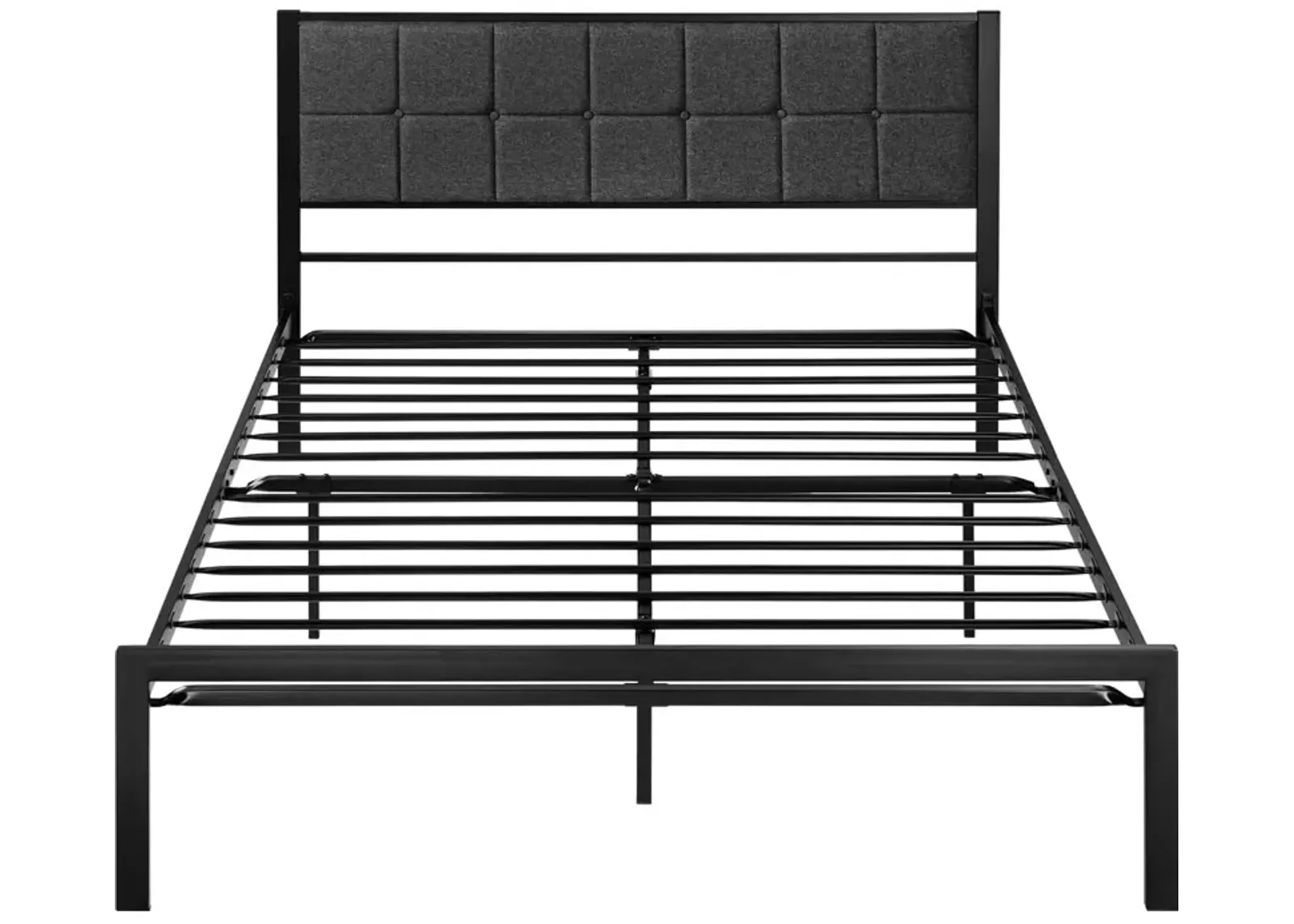 QuikFurn Full Metal Platform Bed Frame with Gray Button Tufted Upholstered Headboard