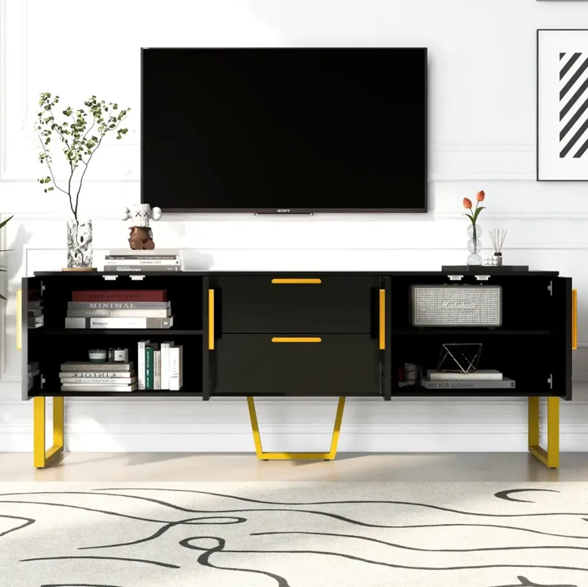 Black TV Console for 75-Inch TVs with Storage