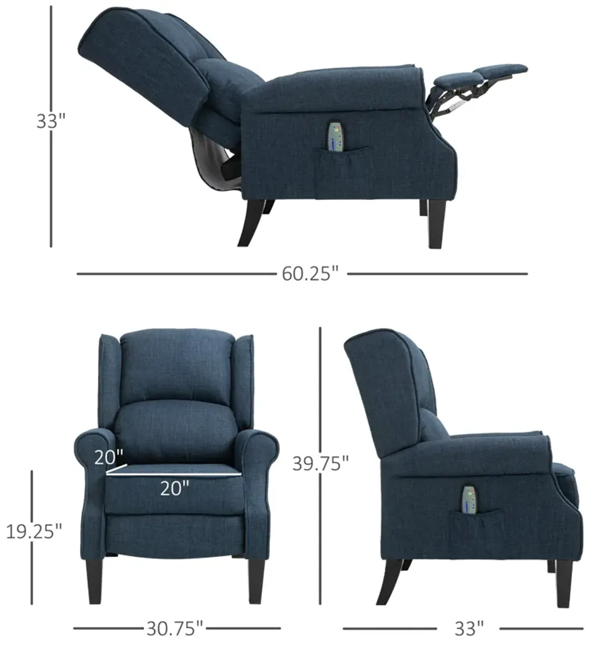 HOMCOM Vibrating Massage Recliner Chair for Living Room, Reclining Wingback Single Sofa with Heat, Linen Fabric Push Back Accent Chair with Footrest, Side Pocket, Dark Blue