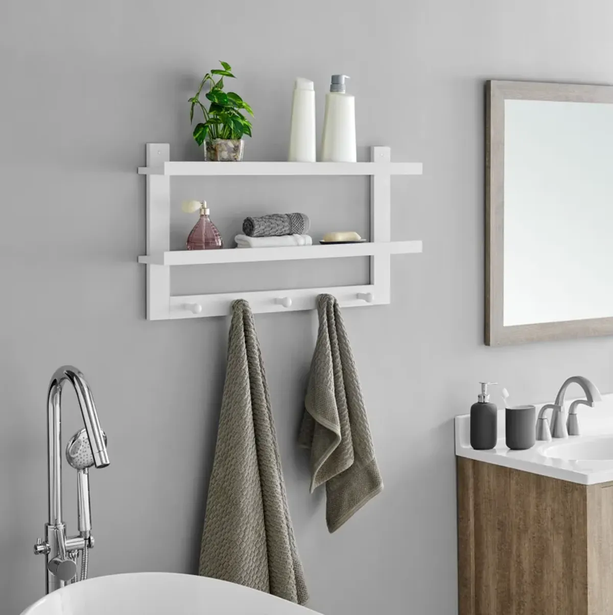 Two-Tier Ledge Shelf Wall Organizer with Five Hanging Hooks