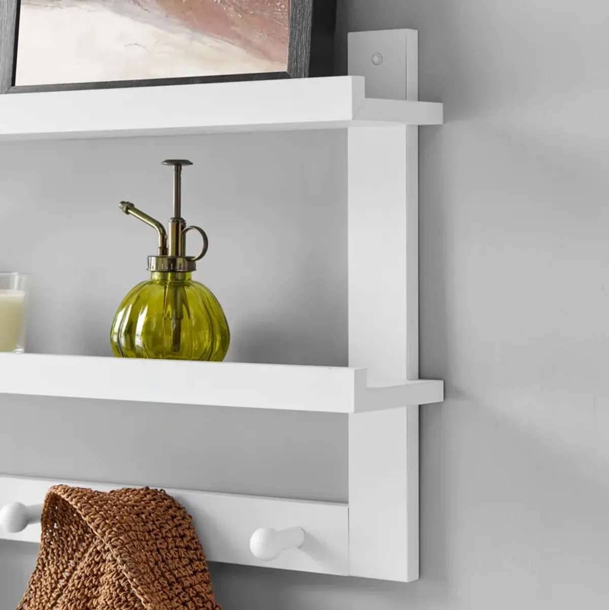 Two-Tier Ledge Shelf Wall Organizer with Five Hanging Hooks