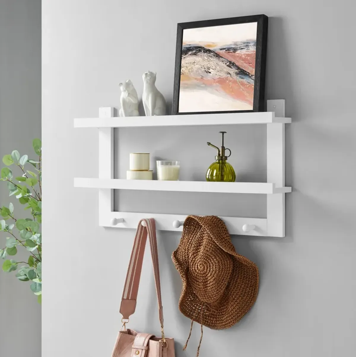 Two-Tier Ledge Shelf Wall Organizer with Five Hanging Hooks