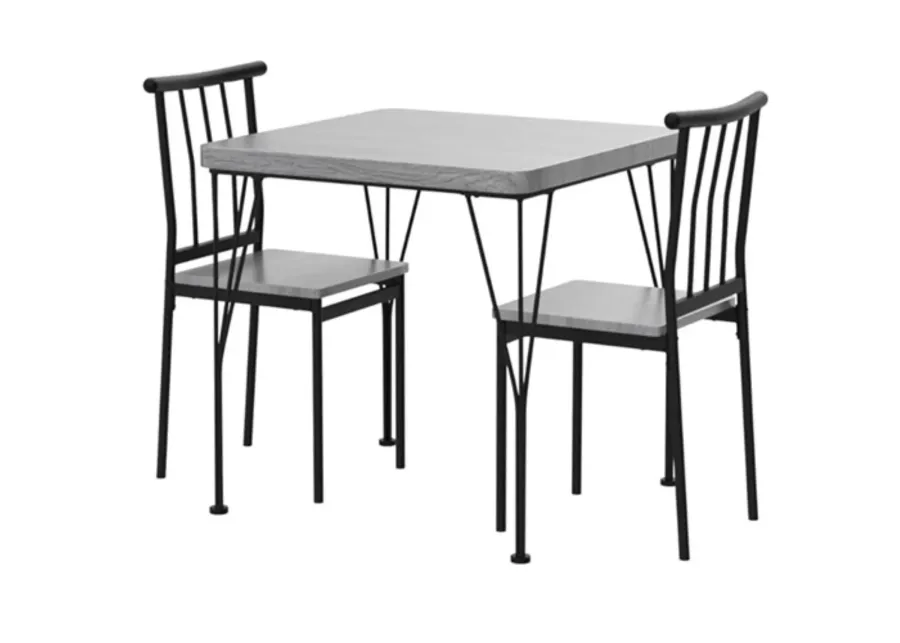 Modern 3 Piece Metal Frame Dining Set with Grey Wood Top Table and 2 Chairs