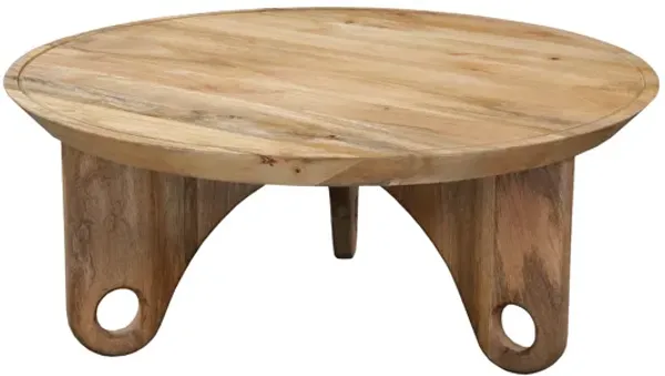 36 Inch Round Coffee Table, Handcrafted Grooved Edge Top, Natural Brown Mango Wood - Benzara