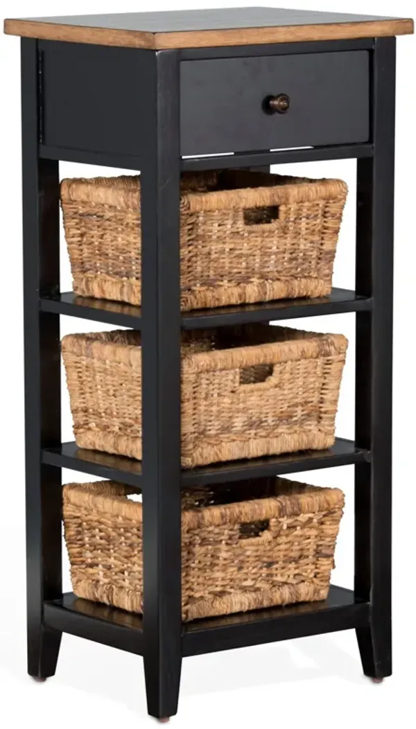 Livy Storage Rack End Table with 3 Natural Brown Rattan Baskets, Black - Benzara