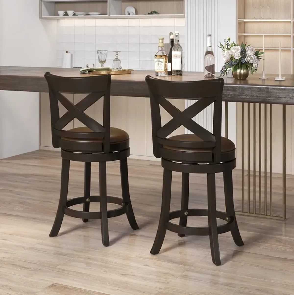 Swivel Bar Stool with Curved Backrest PU Leather Seat and Footrest