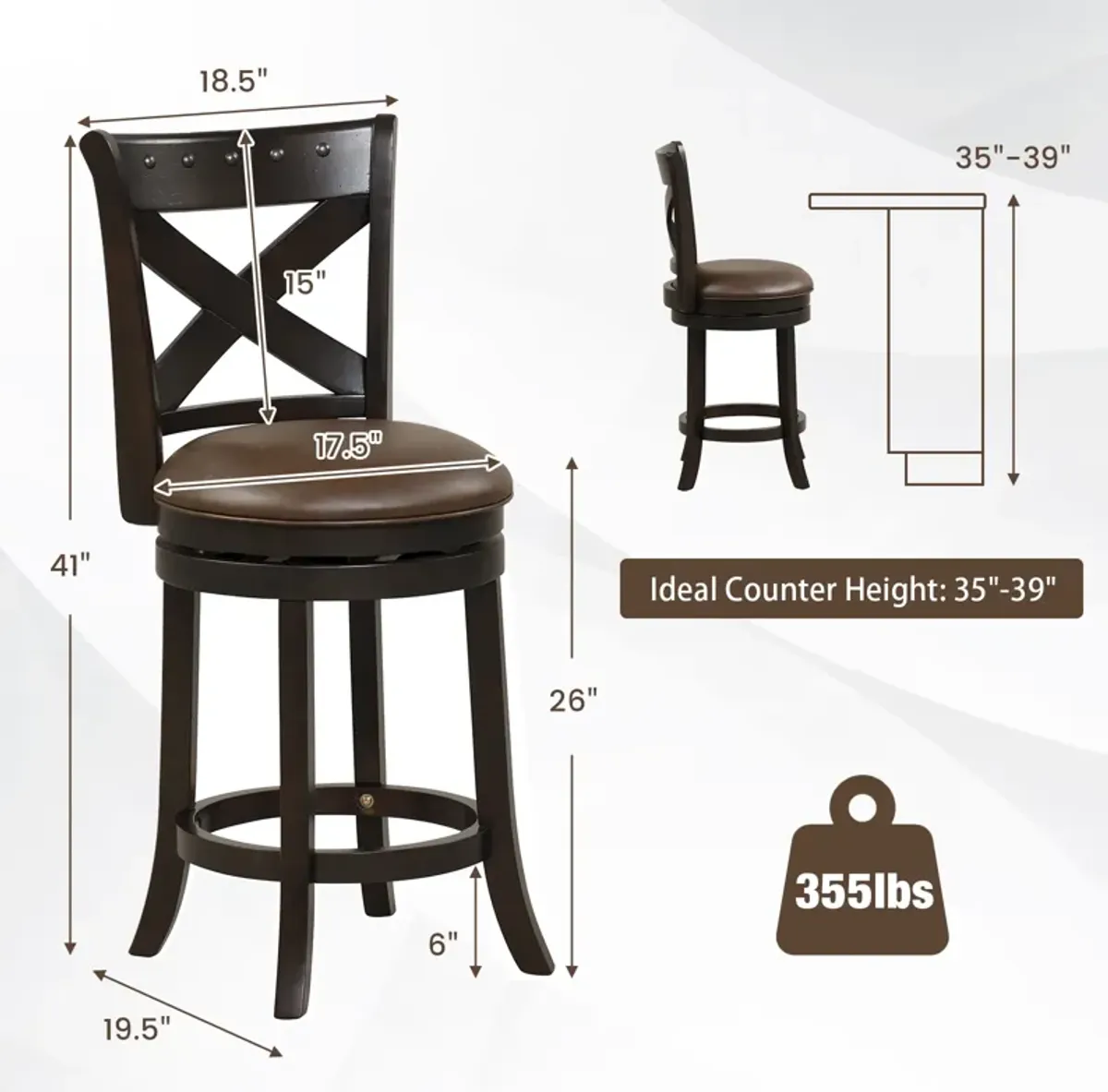 Swivel Bar Stool with Curved Backrest PU Leather Seat and Footrest