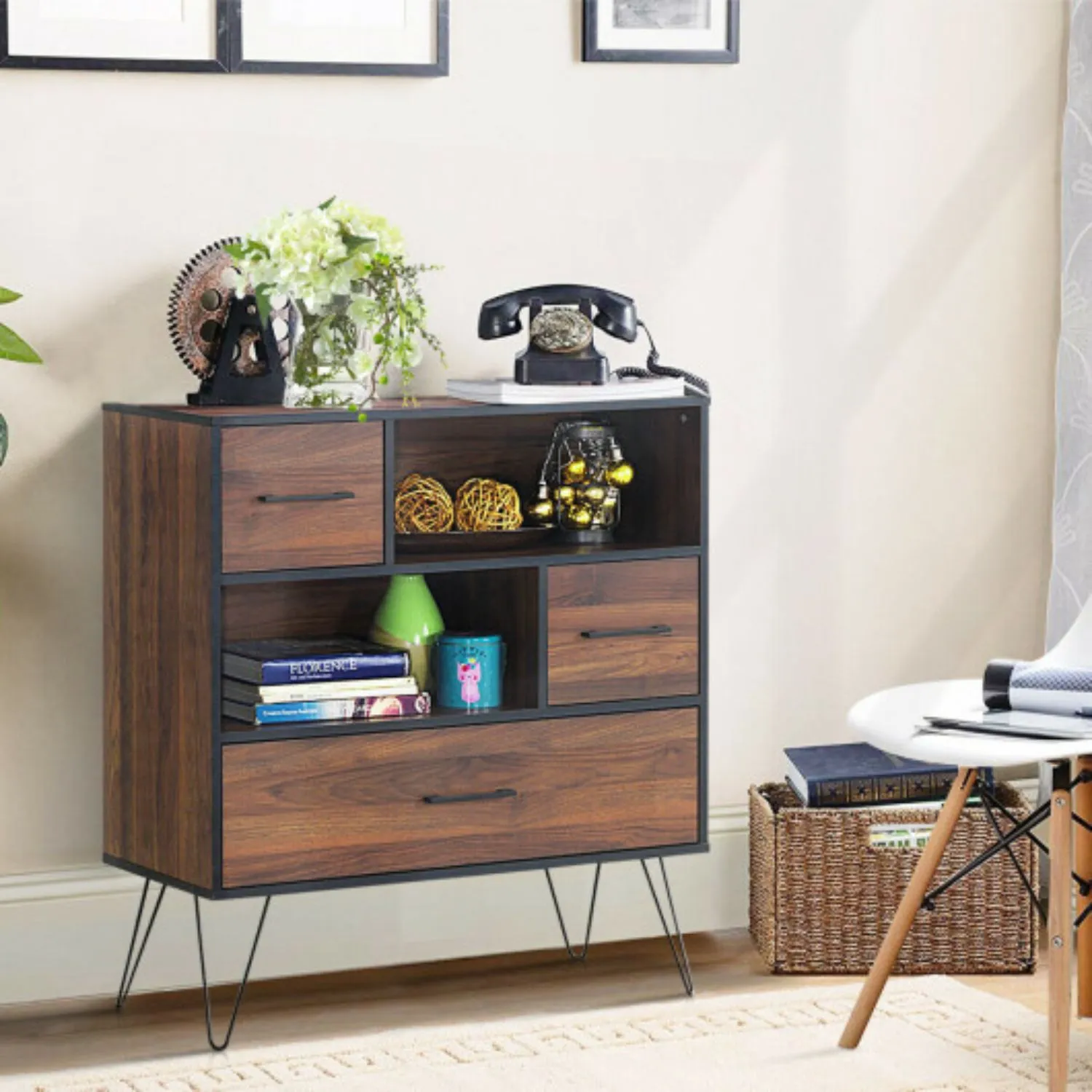 3-Tier Wood Storage Cabinet with Drawers and 4 Metal Legs - Walnut