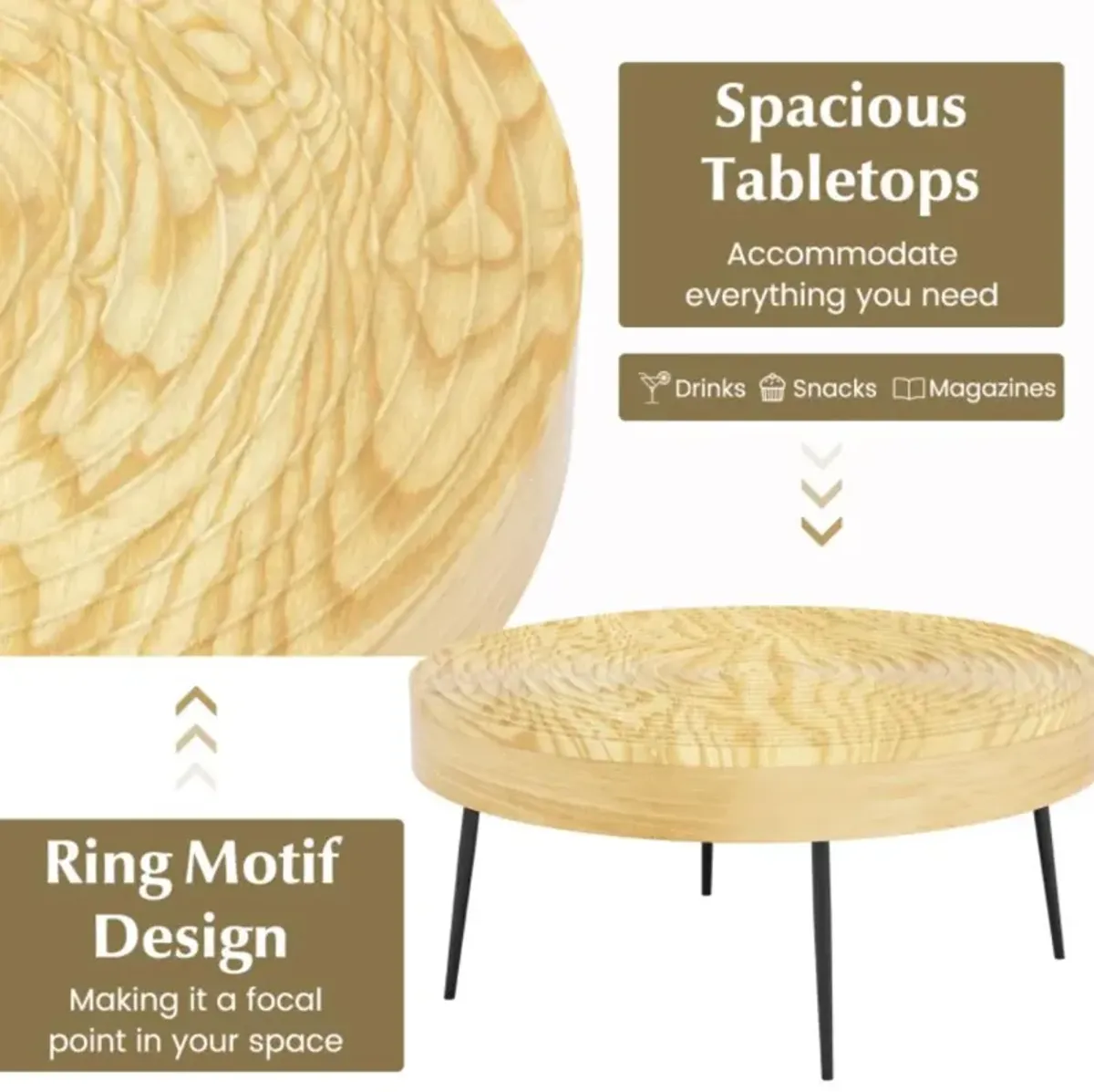 Hivvago Set of 2 Solid Wood Ring Pattern Farmhouse Round Coffee Tables