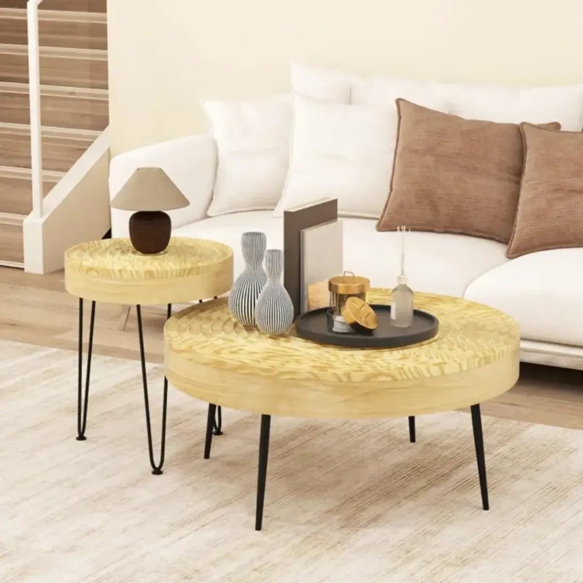 Hivvago Set of 2 Solid Wood Ring Pattern Farmhouse Round Coffee Tables