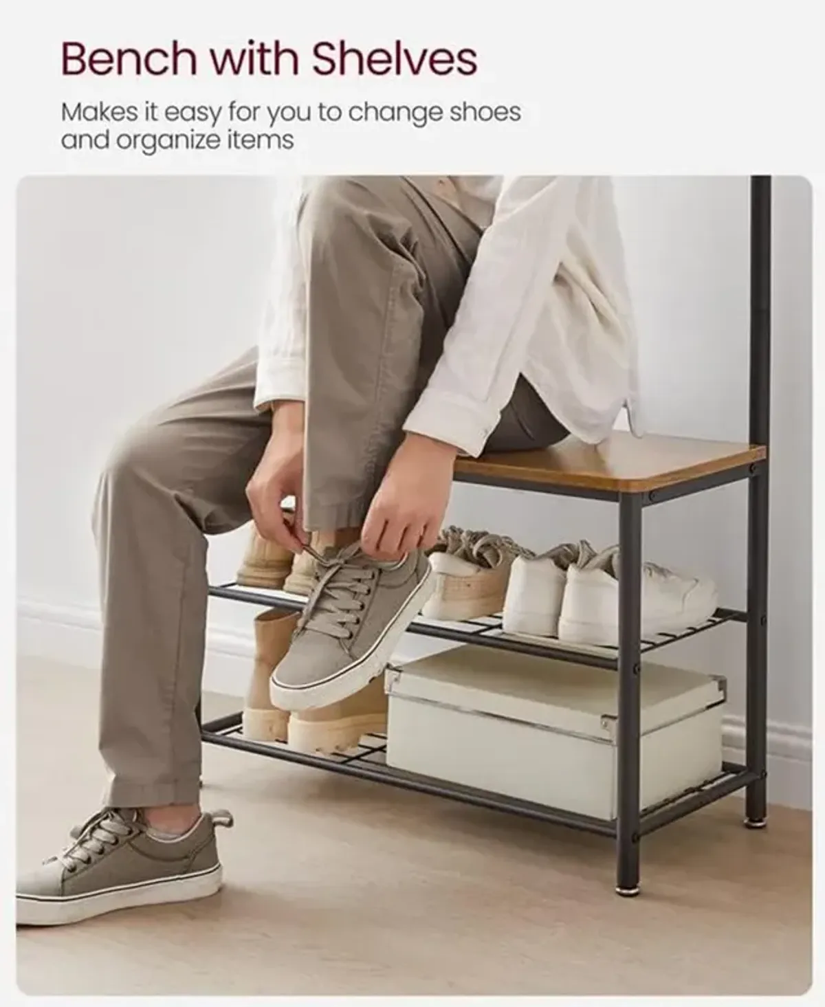 Coat Rack and Shoe Bench with Storage Shelf and Metal Frame