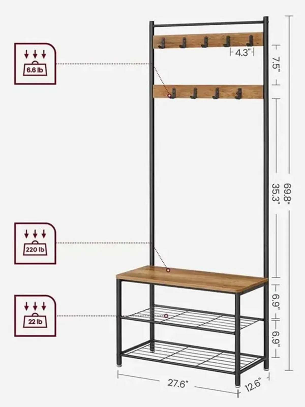 Coat Rack and Shoe Bench with Storage Shelf and Metal Frame