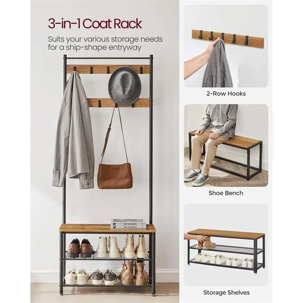 Coat Rack and Shoe Bench with Storage Shelf and Metal Frame