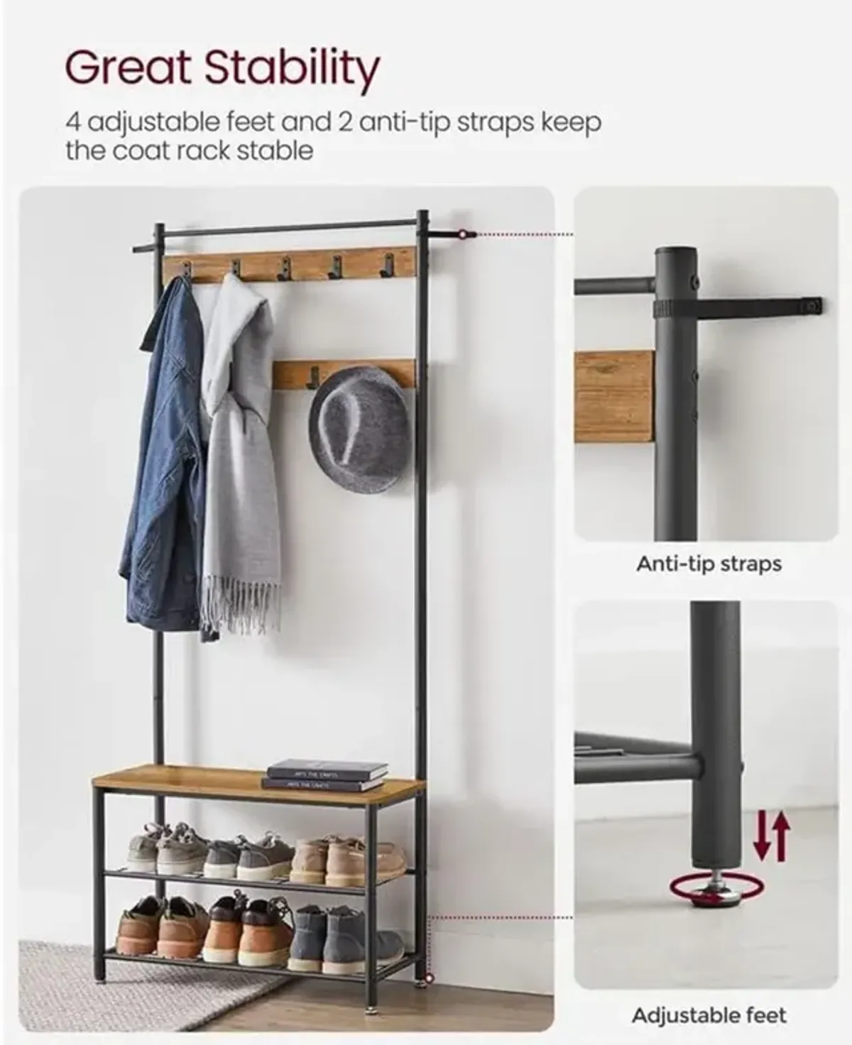 Coat Rack and Shoe Bench with Storage Shelf and Metal Frame