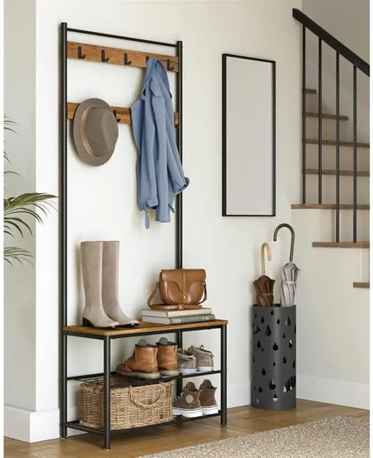 Coat Rack and Shoe Bench with Storage Shelf and Metal Frame