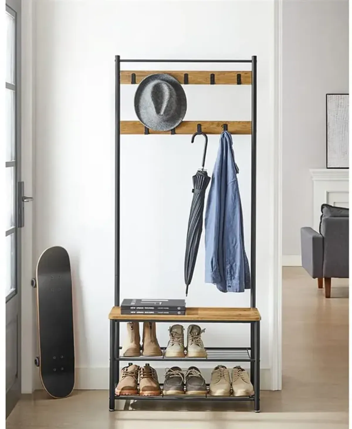 Coat Rack and Shoe Bench with Storage Shelf and Metal Frame