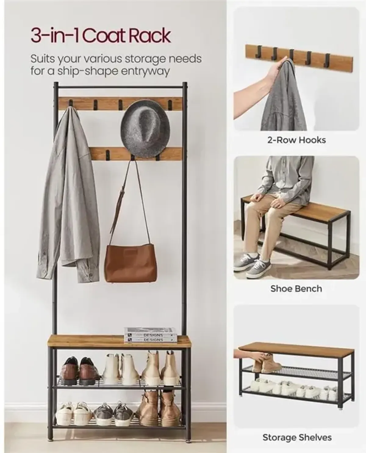 Coat Rack and Shoe Bench with Storage Shelf and Metal Frame