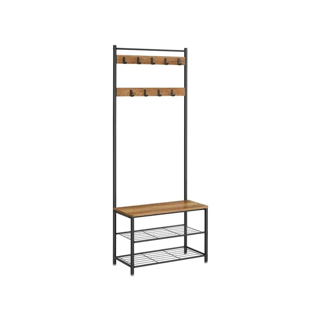 Coat Rack and Shoe Bench with Storage Shelf and Metal Frame