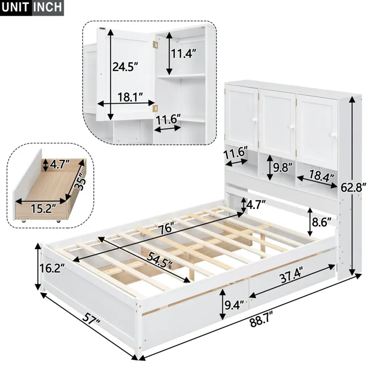 Merax Platform Bed with Storage Headboard and 4 Drawers