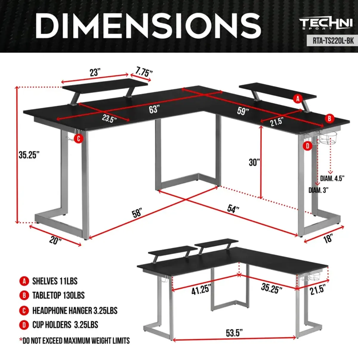 Warrior L-Shaped Gaming Desk, Black