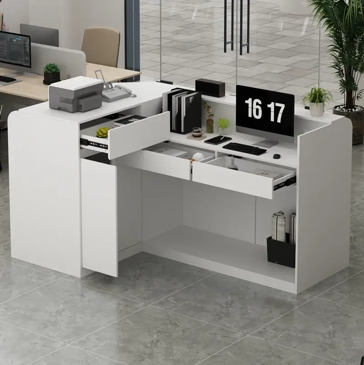 Large L-Shaped Reception Desk with 3 Drawers, 15 Open Shelves, Counter Top & Monitor Stand, Office Desk Reception Counter Table with File Cabinet, White (70.9”L x 47.2”D x 39.43”H)