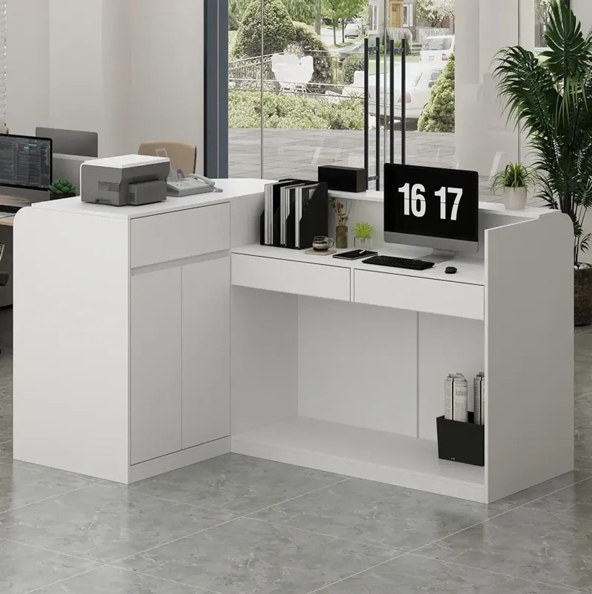 Large L-Shaped Reception Desk with 3 Drawers, 15 Open Shelves, Counter Top & Monitor Stand, Office Desk Reception Counter Table with File Cabinet, White (70.9”L x 47.2”D x 39.43”H)