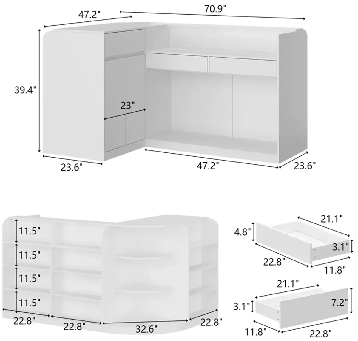 Large L-Shaped Reception Desk with 3 Drawers, 15 Open Shelves, Counter Top & Monitor Stand, Office Desk Reception Counter Table with File Cabinet, White (70.9”L x 47.2”D x 39.43”H)