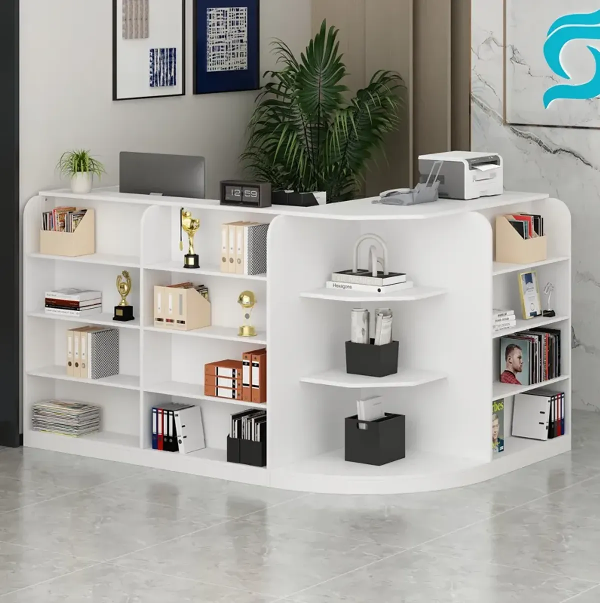 Large L-Shaped Reception Desk with 3 Drawers, 15 Open Shelves, Counter Top & Monitor Stand, Office Desk Reception Counter Table with File Cabinet, White (70.9”L x 47.2”D x 39.43”H)