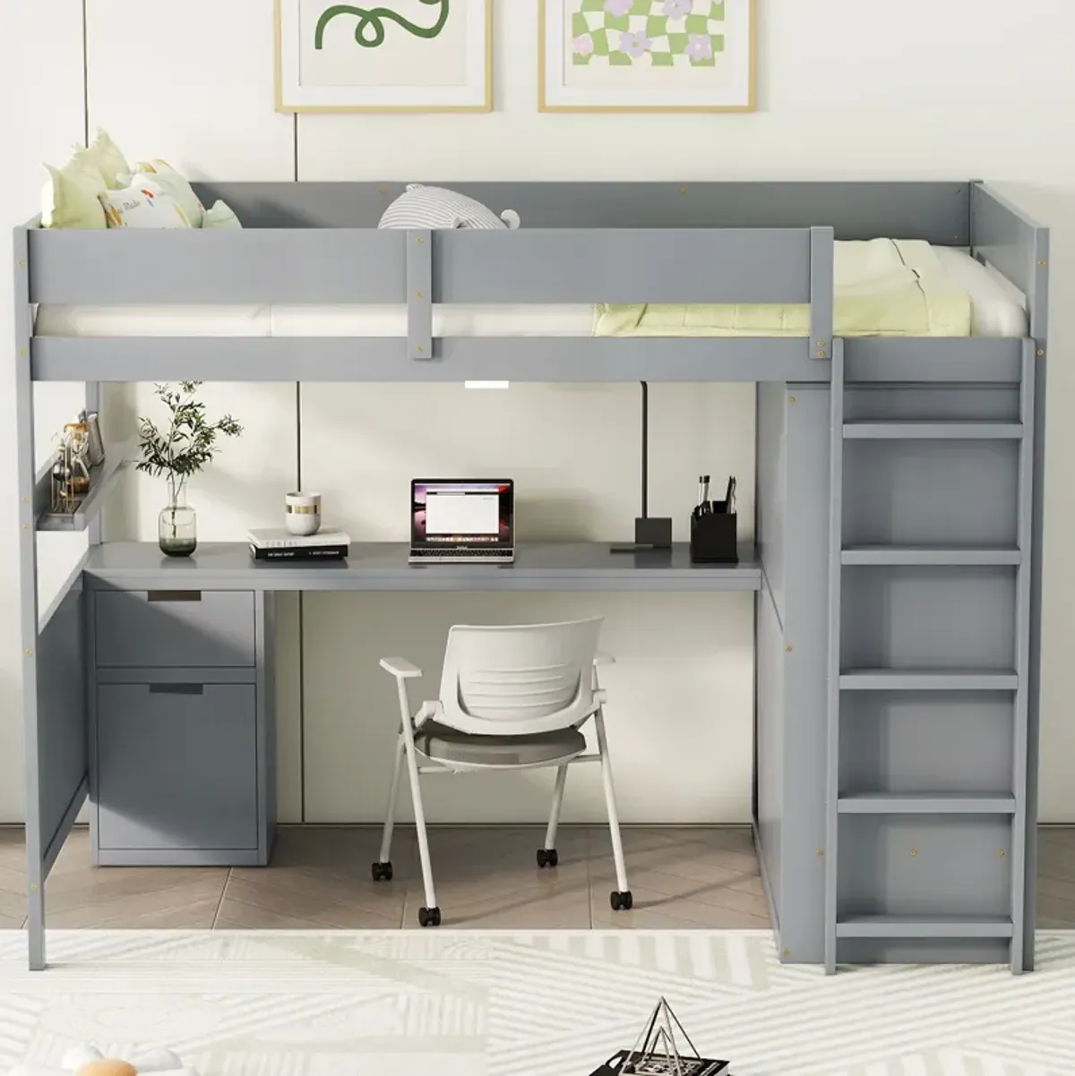 Merax  Wooden Loft Bed with Wardrobe