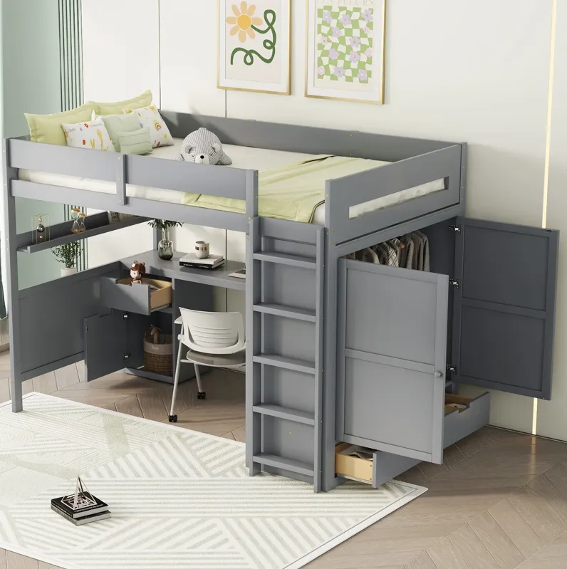 Merax  Wooden Loft Bed with Wardrobe