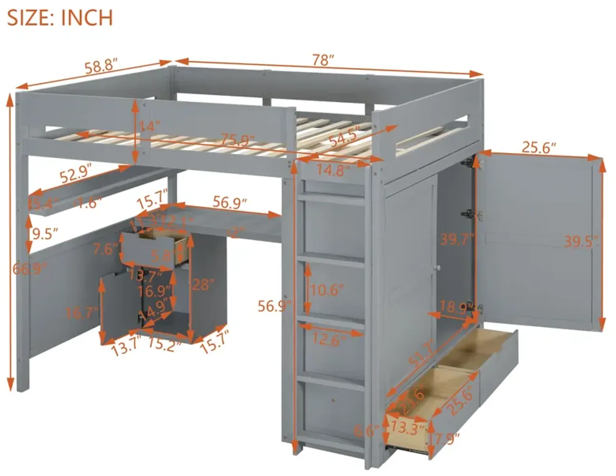 Merax  Wooden Loft Bed with Wardrobe