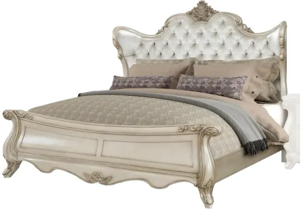 Moen King Size Bed, Tufted Polyester Upholstery, Carved Wood, Champagne - Benzara