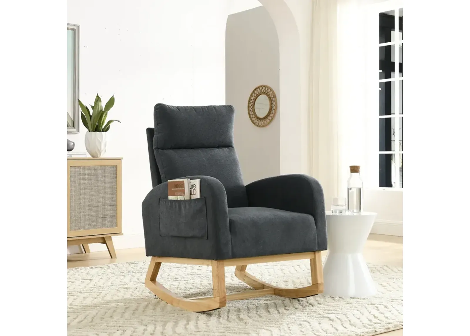 27.6 W Modern Accent High Backrest Living Room Lounge Arm Rocking Chair, Two Side Pocket