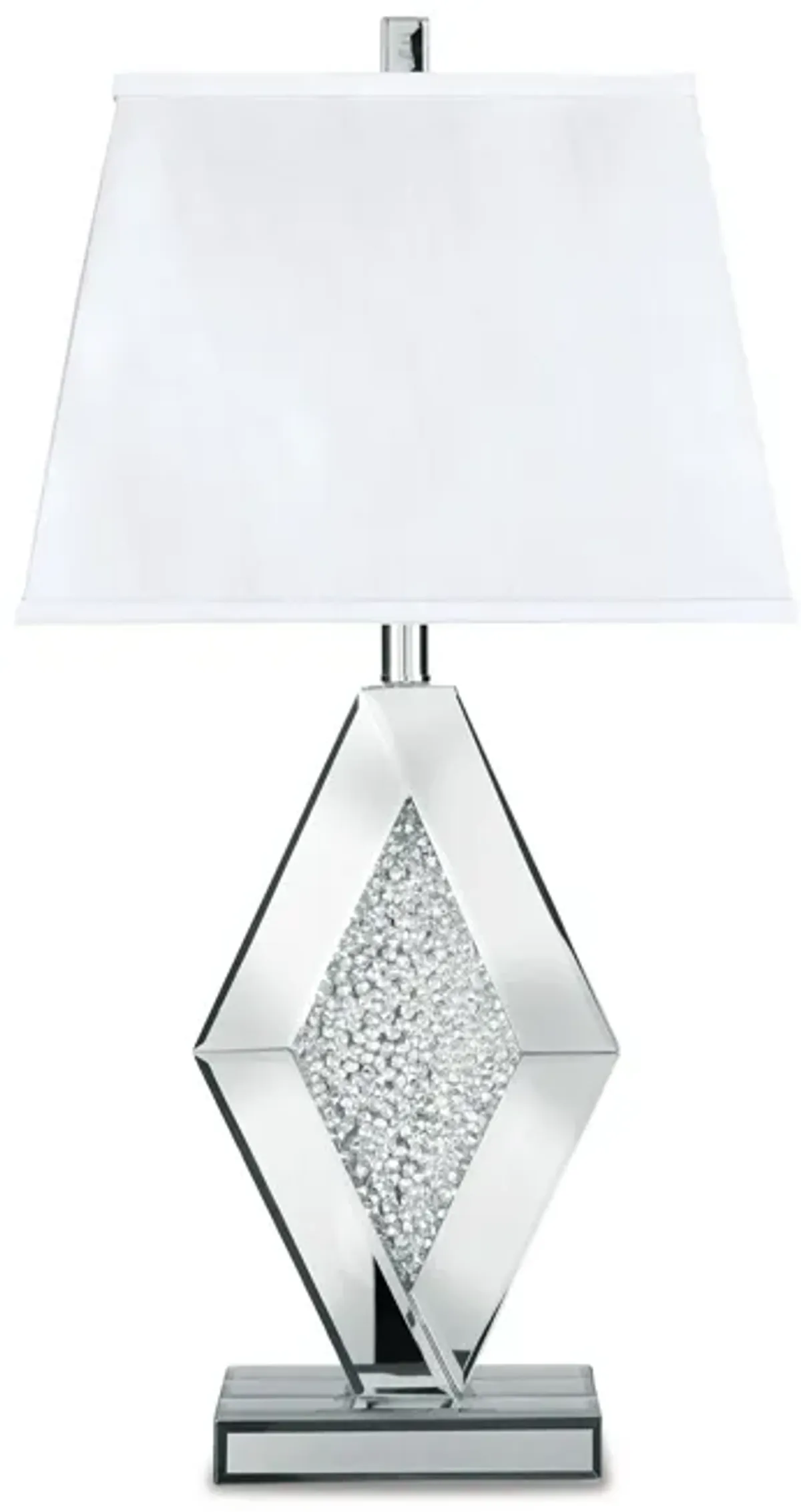 30 Inch Table Lamp, Mirrored Crystal Accent Geometric Base, Chrome, White - Benzara