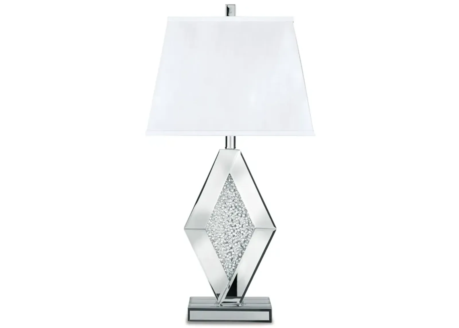 30 Inch Table Lamp, Mirrored Crystal Accent Geometric Base, Chrome, White - Benzara