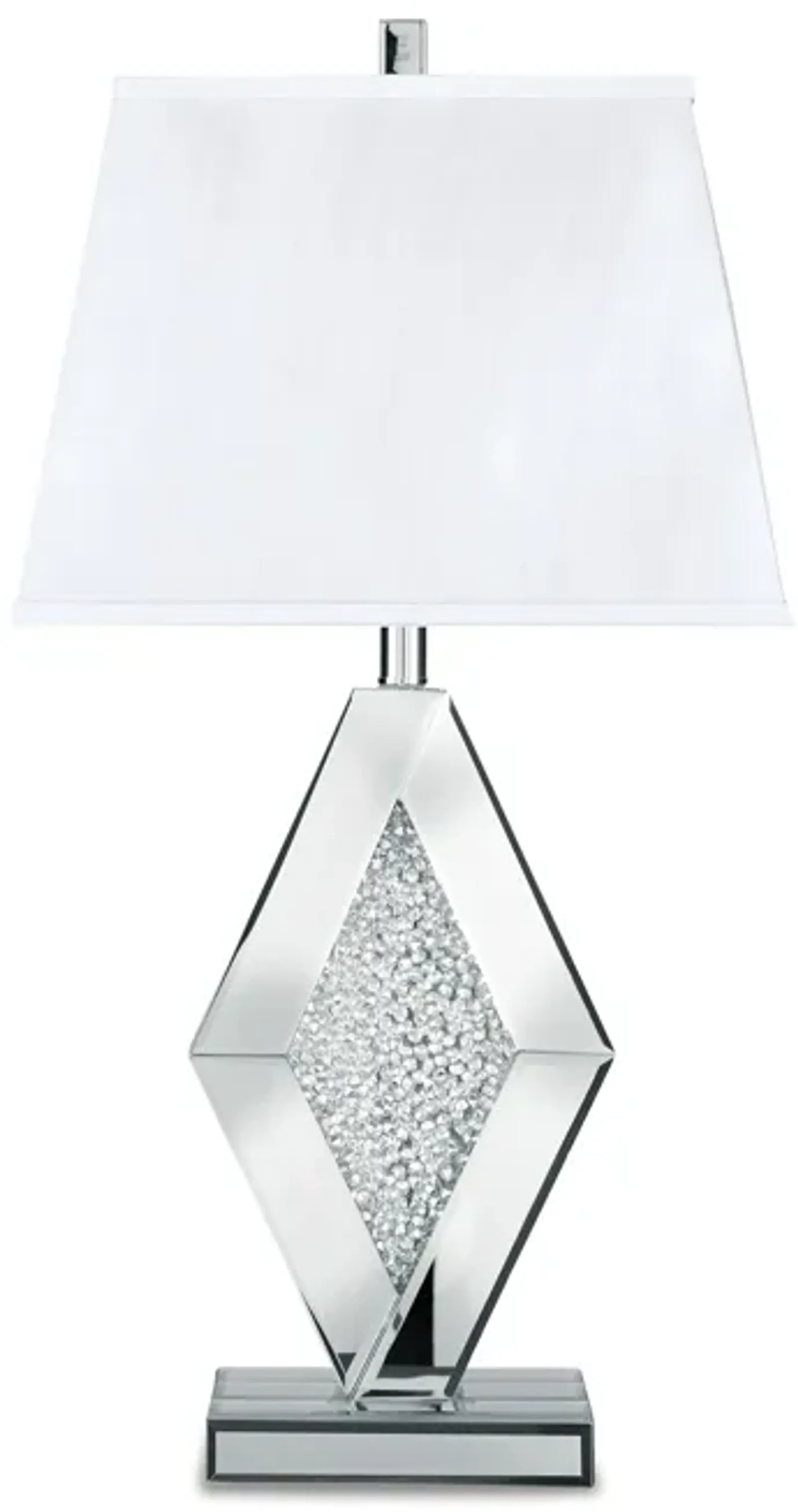 30 Inch Table Lamp, Mirrored Crystal Accent Geometric Base, Chrome, White - Benzara