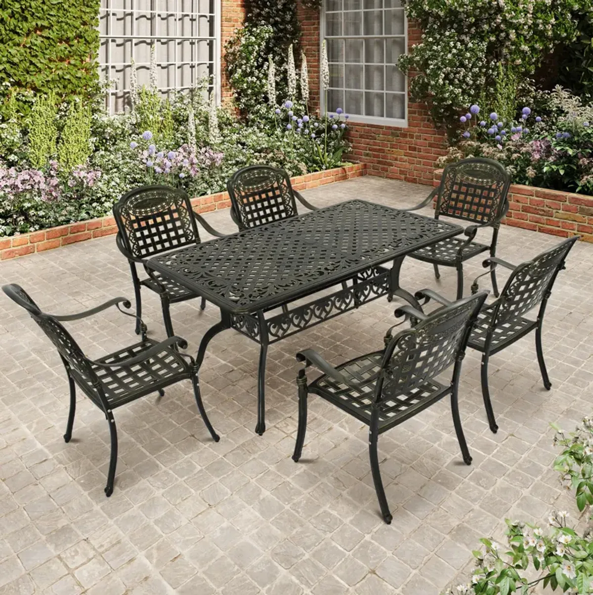 MONDAWE 7-Piece Aluminum Rectangle Diamond Pattern Table Patio Dining Set with Checkerboard Pattern Chairs