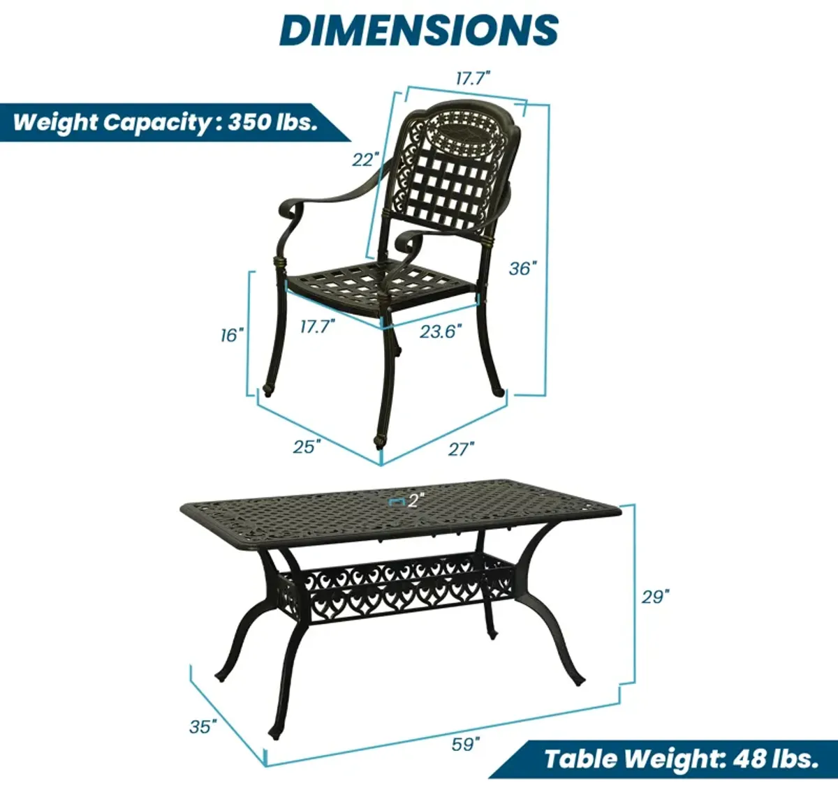 MONDAWE 7-Piece Aluminum Rectangle Diamond Pattern Table Patio Dining Set with Checkerboard Pattern Chairs