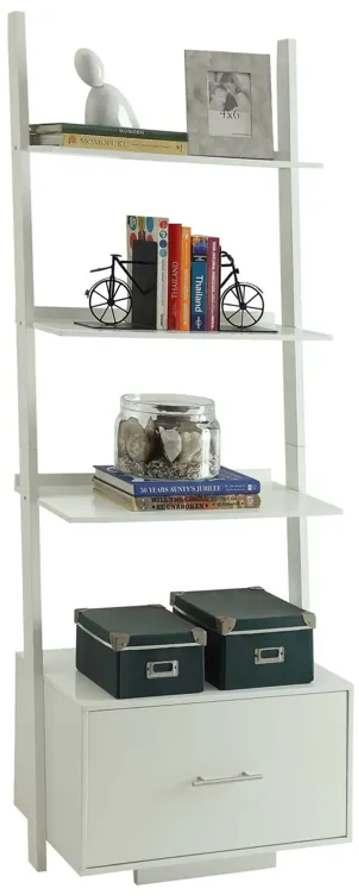 Convenience Concepts American Heritage 4 shelves Ladder Bookcase with File Drawer, White