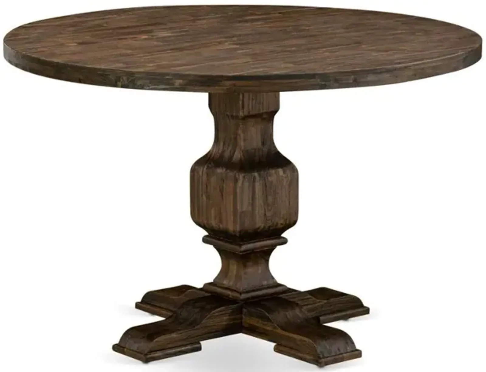 East West Furniture IRVING Round Dining Table with Pedestal, Rustic Rubberwood Table in Distressed Jacobean Finish, 48 Inch