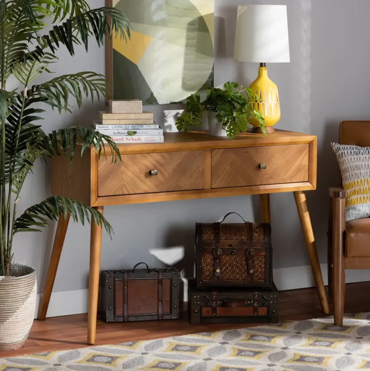 Baxton Studio Mae Mid Century Modern Natural Brown Finished Wood 2 Drawer Console Table