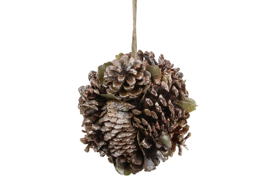 5" Glittery Copper Round Pine Cone and Leaves Hanging Christmas Ornament