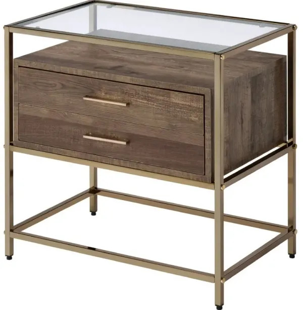 Accent Table with 2 Drawers and Metal Frame Glass Top, Brown and Gold - Benzara