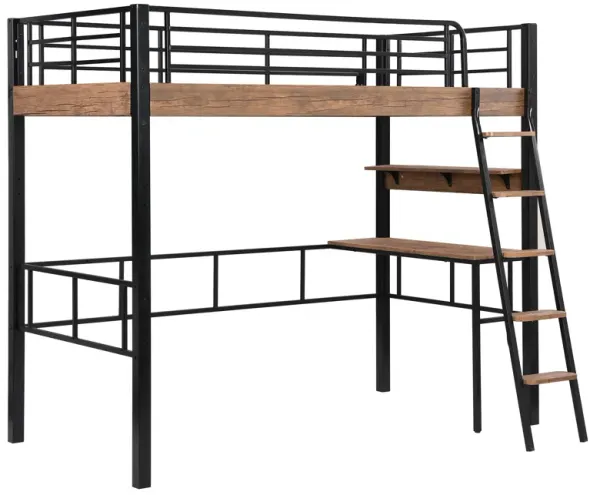 Whisen Metal Twin Size Loft Bed with Built-in Desk and Storage Shelf and Ladder - Black