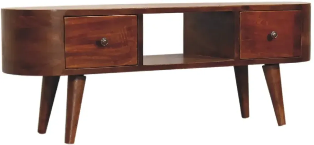 Chestnut Rounded Solid Wood 2 Drawer  Coffee Table with Open Slot