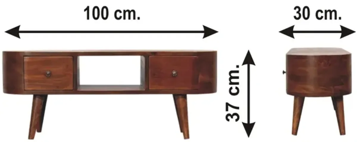 Chestnut Rounded Solid Wood 2 Drawer  Coffee Table with Open Slot