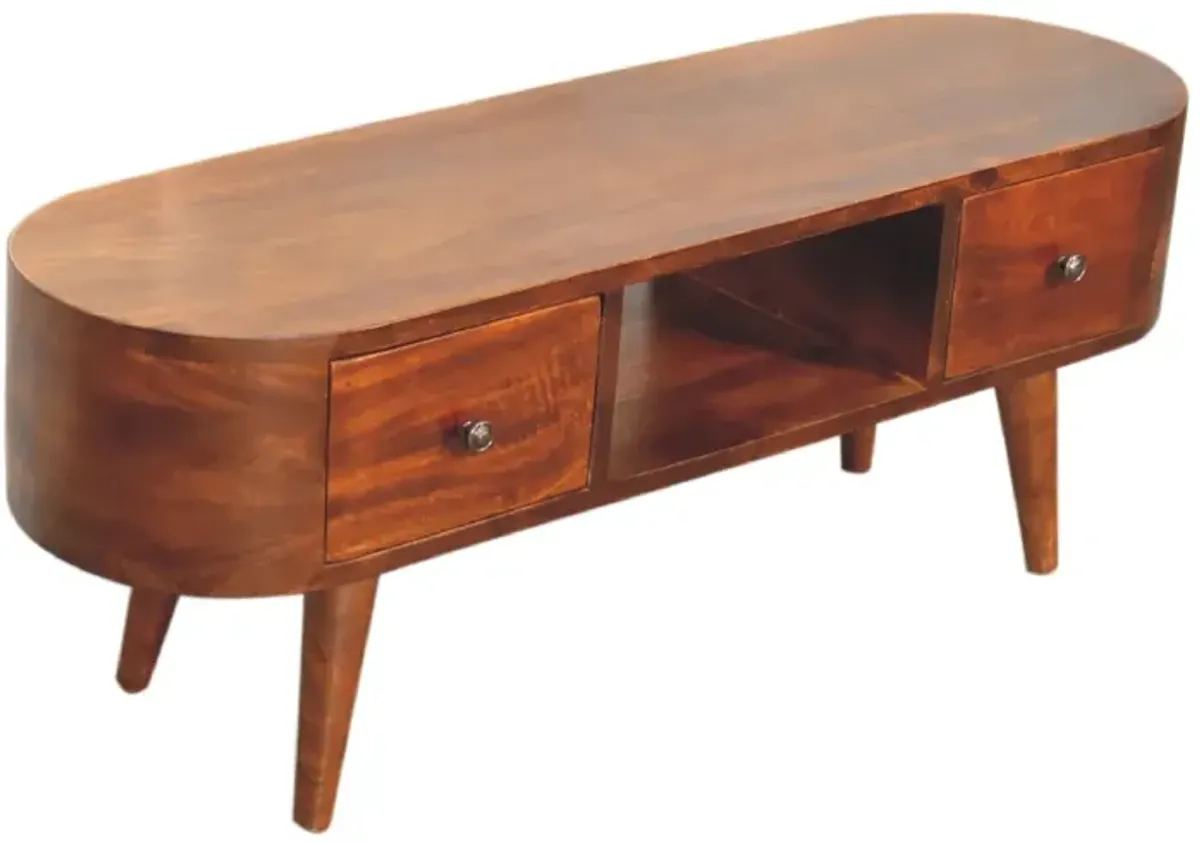 Chestnut Rounded Solid Wood 2 Drawer  Coffee Table with Open Slot